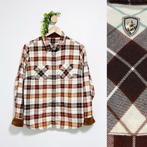 KUHL Tess Cotton Blend Flannel Snap Brown Plaid Corduroy Trim Shirt